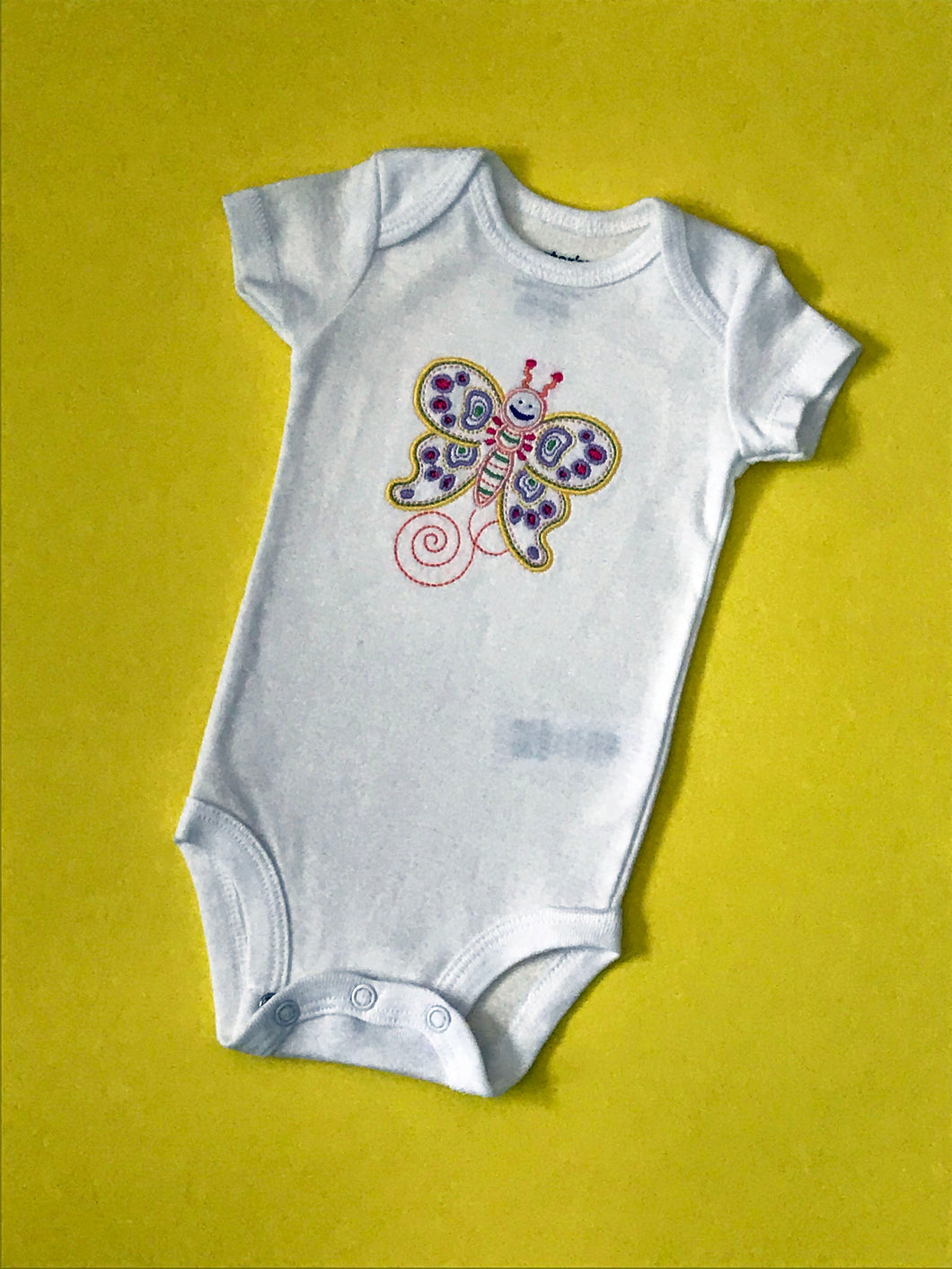 Happy Butterfly Embroidered on a Carter Onesie