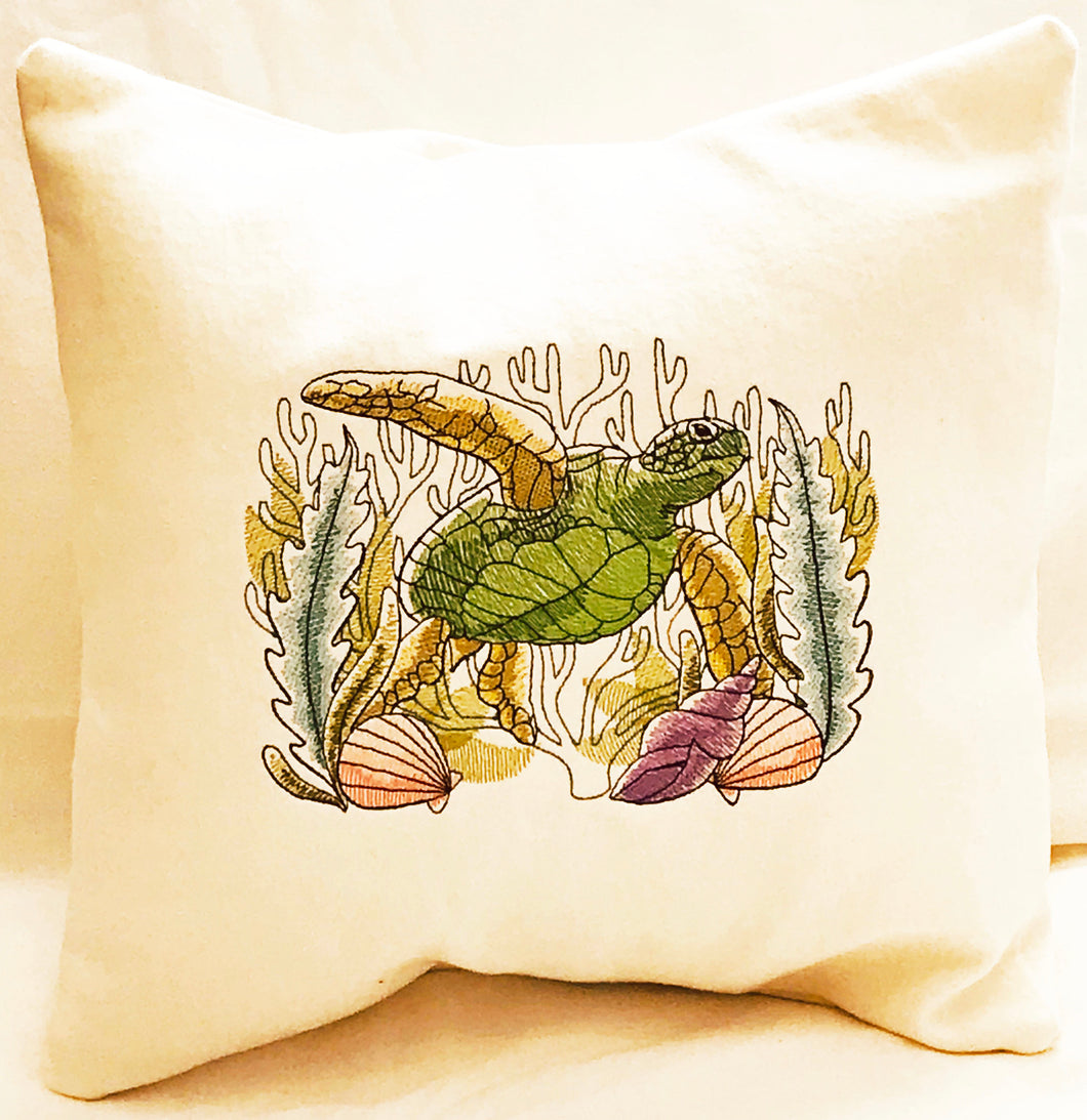 Tropical Sea Turtle Embroidered Pillow Cover